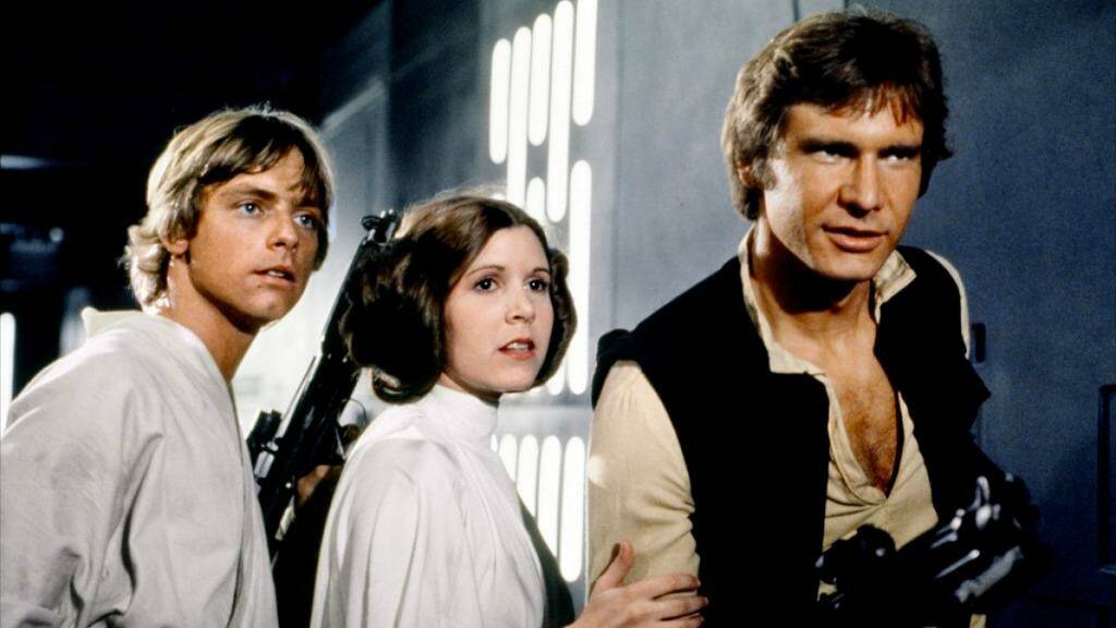A still from the original Star Wars (1977) movie. Luke Skywalker (Mark Hamill),  
Princess Leia (Carrie Fisher) and Han Solo (Harrison Ford) all return for The Force Awakens.
 Photo: Lucasfilm