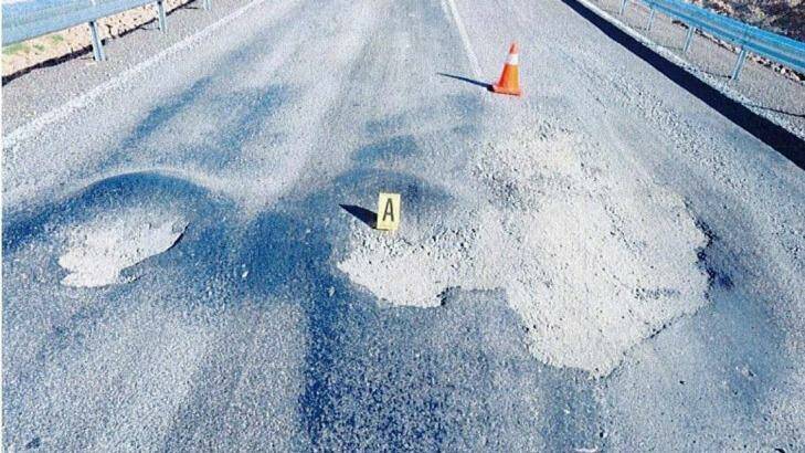 The pothole that James Hughes hit on his motorbike. Photo: Supplied