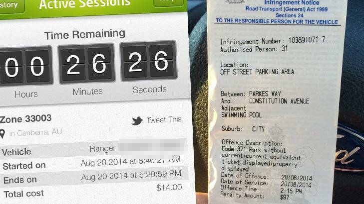 Fined: Matthew Graham's parking ticket, right, and a screen shot showing how much time he had left according to the app. Photo: Matthew Graham