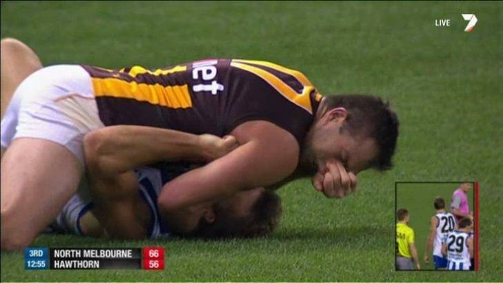 North Melbourne forward Drew Petrie makes contact to those face of the opponent choking him, Hawthorn defender Brian Lake. Photo: Channel Seven/AFL