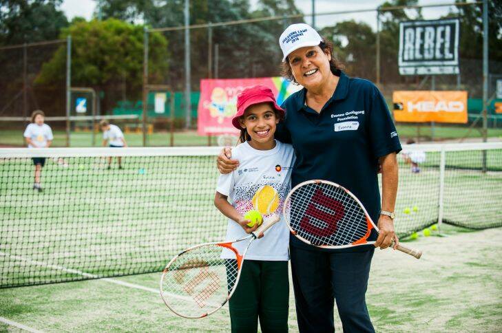 Tennis legend Evonne Goolagong Cawley conducts an Indigenous Tennis Come and Try Day at Melba Tennis Club with local school student Erica Church, 9. Picture: Elesa Kurtz