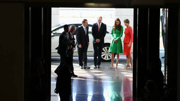 Welcome: Prime Minister Tony Abbott and his wife Margie Abbott greet the Duke and Duchess of Cambridge at Parliament House. Photo: Alex Ellinghausen
