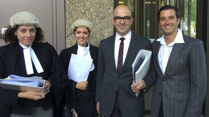 Nicholas Polias, far right, with his legal team, including Sue Chrysanthou, far left, and Bridgette Regener.  Photo: Louise Hall