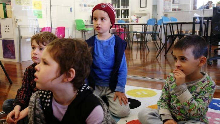 Lennon Tropiano, Freya McQueen, Nicholas Quaratiello and Peter Kriezis at the Keep Learning centre in Leichhardt. Photo: Louise Kennerley