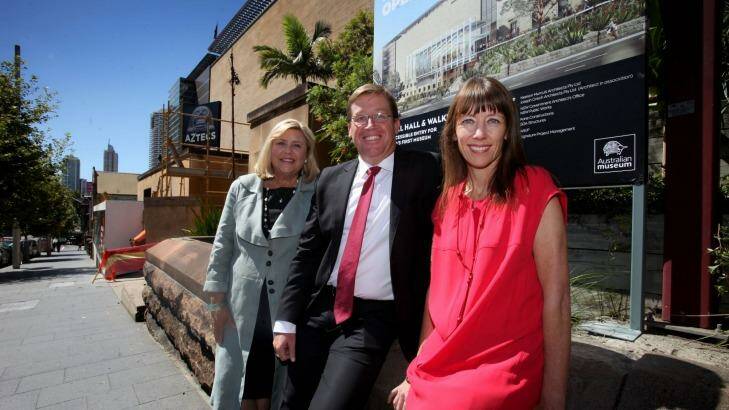 Museum head Kim McKay, Deputy Premier Troy Grant and architect Rachel Neeson at the unveiling of the new design.  Photo: Fiona Morris
