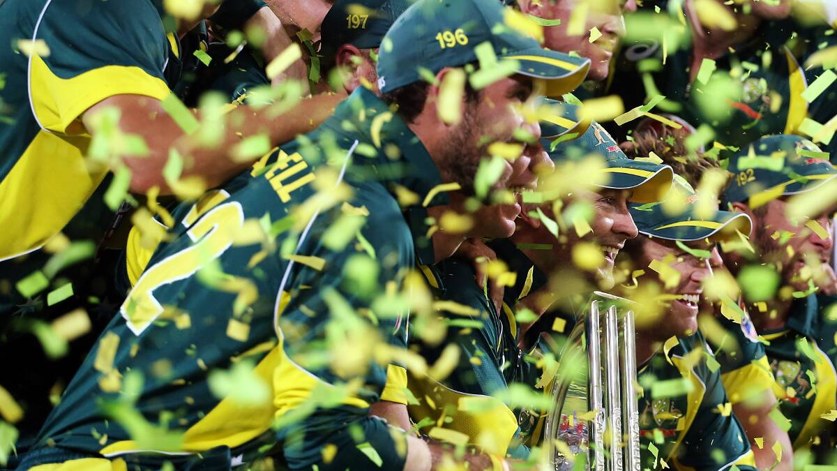 The Australia team celebrates after Australia defeats England during game five of the One Day International Series between Australia and England at Adelaide Oval. Picture: Getty
