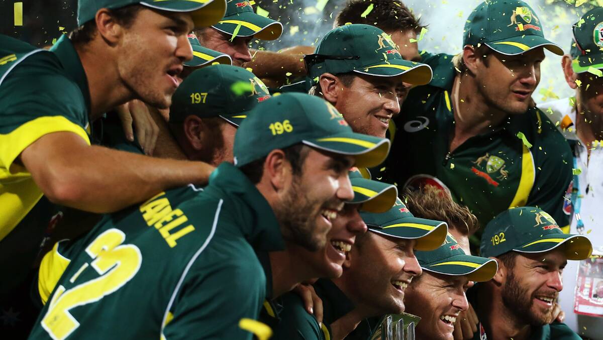 The Australia team celebrates after Australia defeats England during game five of the One Day International Series between Australia and England at Adelaide Oval. Picture: Getty