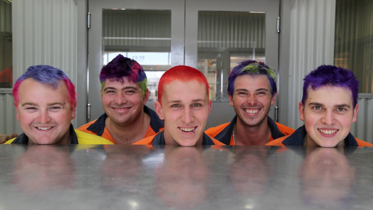 HAIR RAISING: Daniel Cox, Michael Crowe, Chris Hart, Chris Crowe and Anthony Salvestro take part in The World's Greatest Shave Colour For a Cure. 