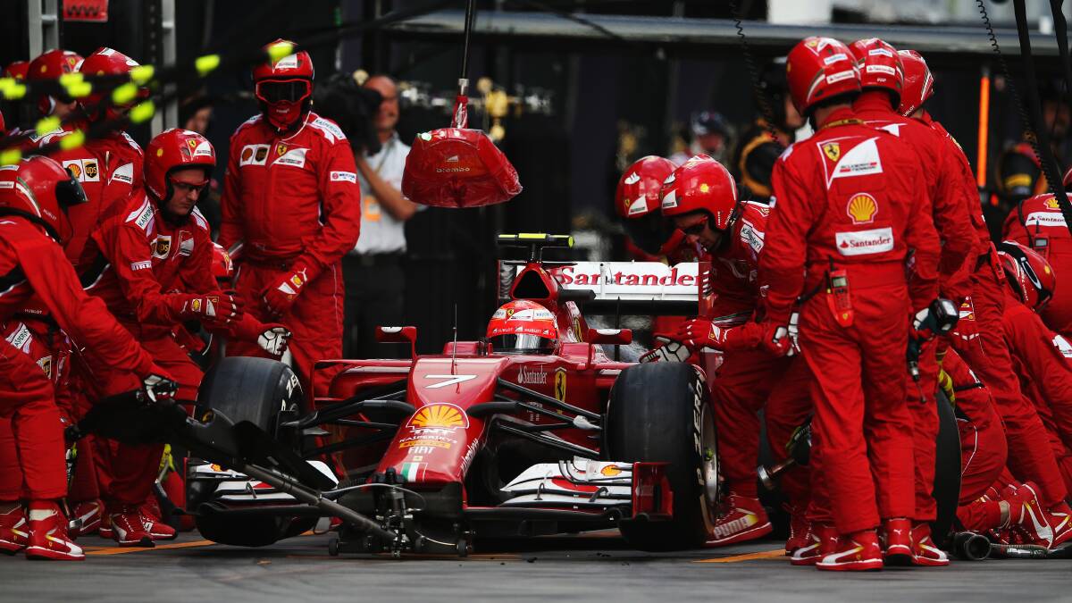 Kimi Raikkonen of Finland and Ferrari stops for a pitstop. PHOTOS: GETTY IMAGES