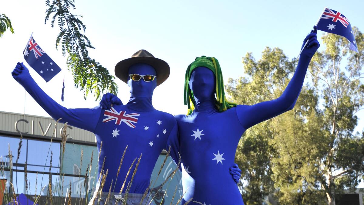 Kyle Hildebrand and a mate take the day seriously at the Wagga Australia Day breakfast. Picture: Les Smith