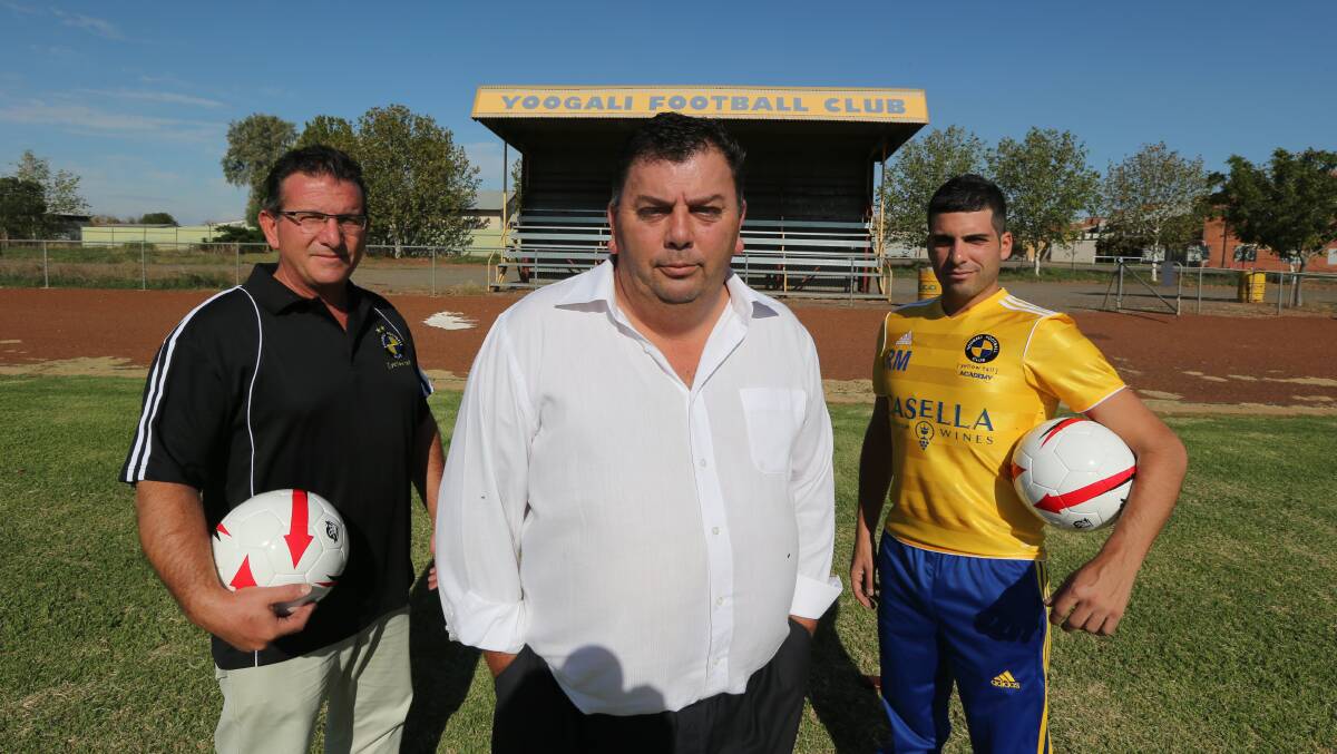 NEW MAN IN CHARGE: New YFC director of coaching Peter Jennings with junior club president John Carbone (left) and player Rocky Marando.