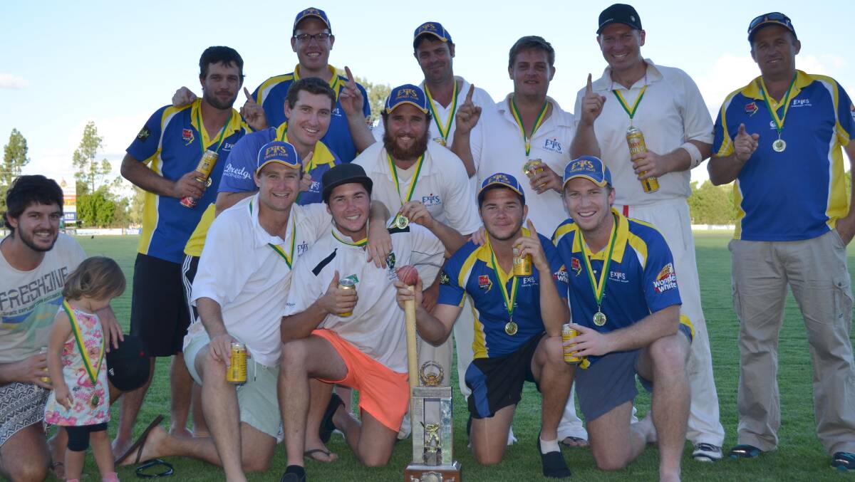 WINNERS ARE GRINNERS: Exies celebrate their hard-earned GDCA grand final victory over the Yenda Jets on Sunday.