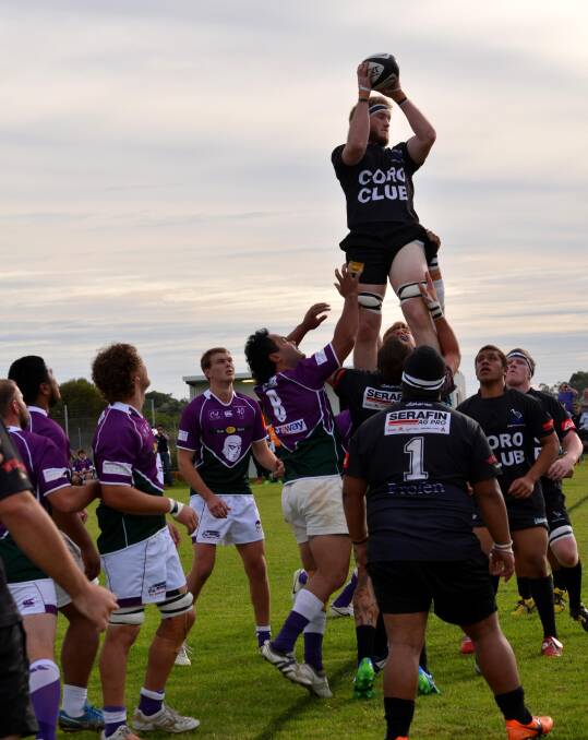 FLYING HIGH: Andries De Meyer wins this lineout for the Griffith Blacks in Saturday's big SIRU win over Leeton.