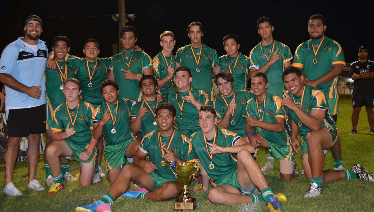 TOO GOOD: Griffith High's open rugby league team celebrates their Andrew Fifita Cup win on Thursday night.