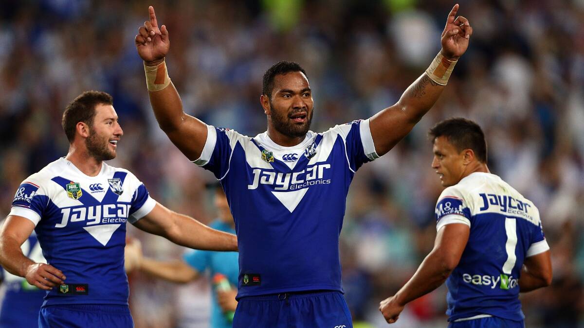 Tony Williams of the Bulldogs celebrates his teams win at the round seven NRL match between the South Sydney Rabbitohs and the Canterbury-Bankstown Bulldogs at ANZ Stadium on April 18, 2014 in Sydney, Australia. Photo: Renee McKay/Getty Images.