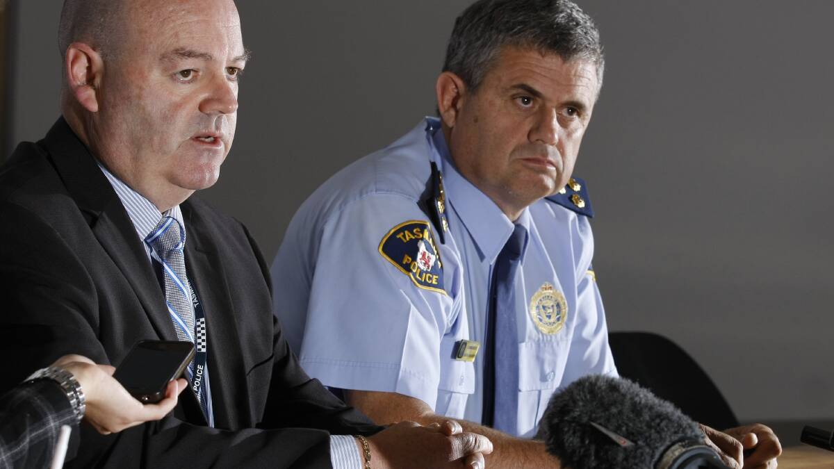CIB Detective Inspector Rob Gunton and Western District Police Commander Locky Avery speaking at a press conference at the Devonport Police Station today about the abduction and sexual assault at Latrobe. Picture: Jason Hollister. 
