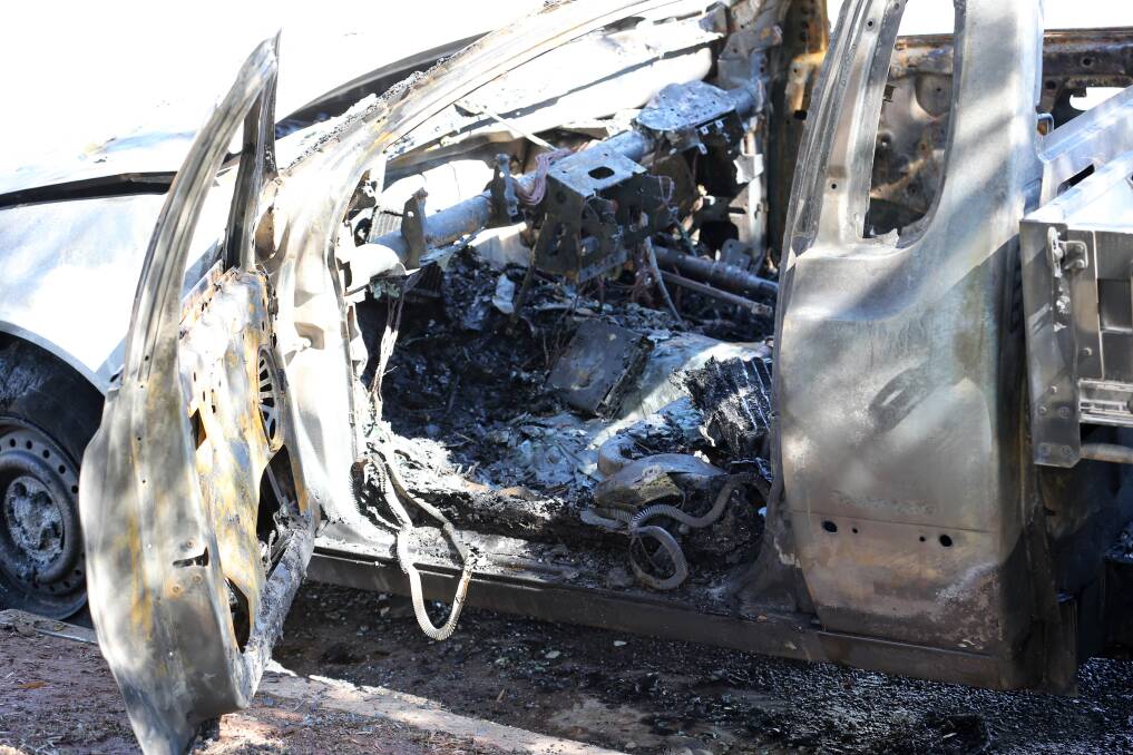 GONE UP IN FLAMES: This Ford Falcon was completely destroyed in a fire on Barellan Street on Friday night.