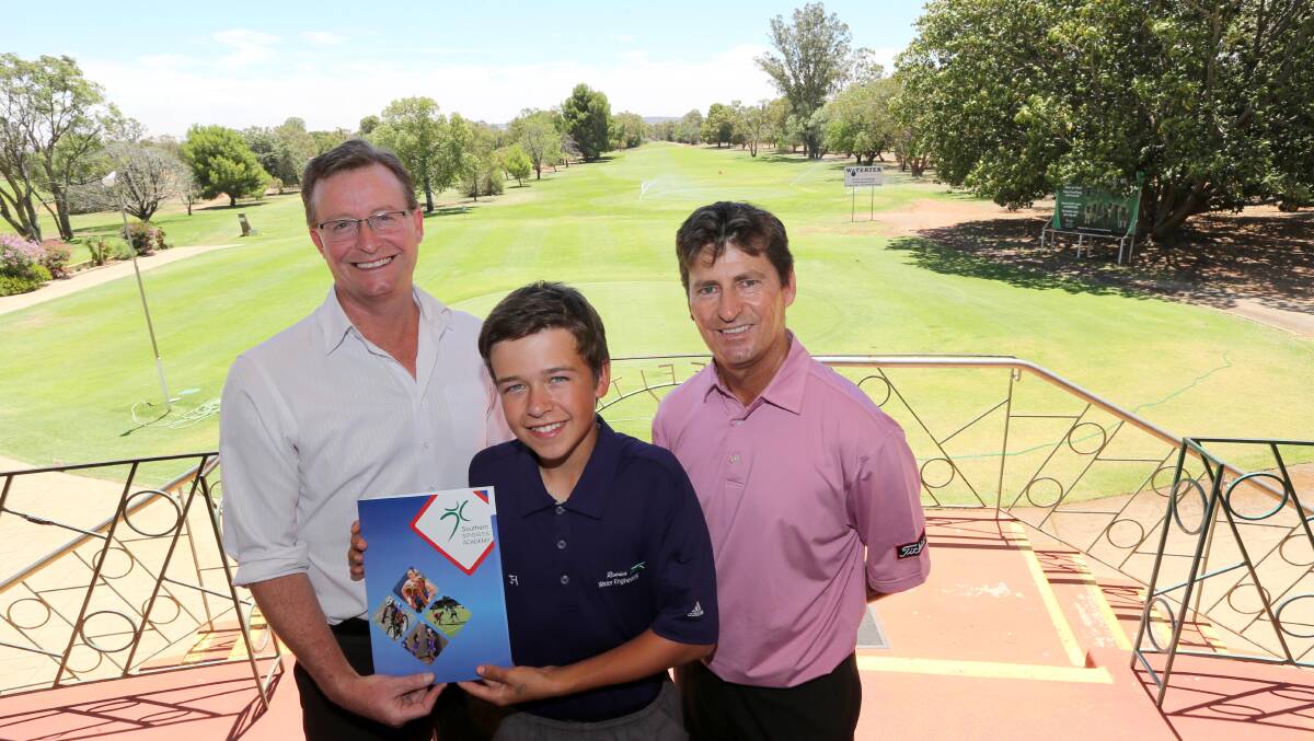 ON THE RISE: (Back from left) Southern Sports Academy executive director Greg McLay and Griffith Golf CLub assistant professional Wayne Rostron present Jake Harrison with his Jack Newton Junior Golf Scholarship. Picture: Anthony Stipo