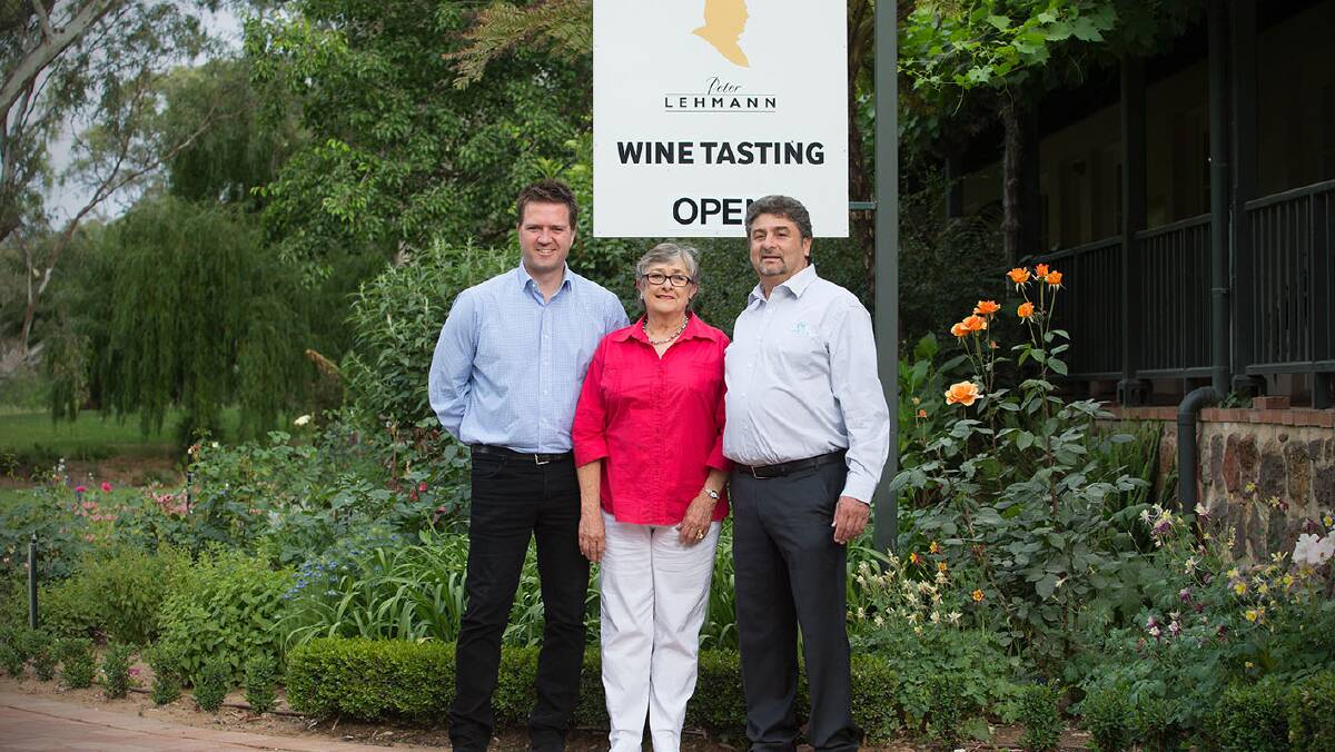 EXCITING PARTNERSHIP: Peter Lehmann Wines chief executive officer Jeff Bond with Margaret Lehmann and Casella Family Brands managing director John Casella.