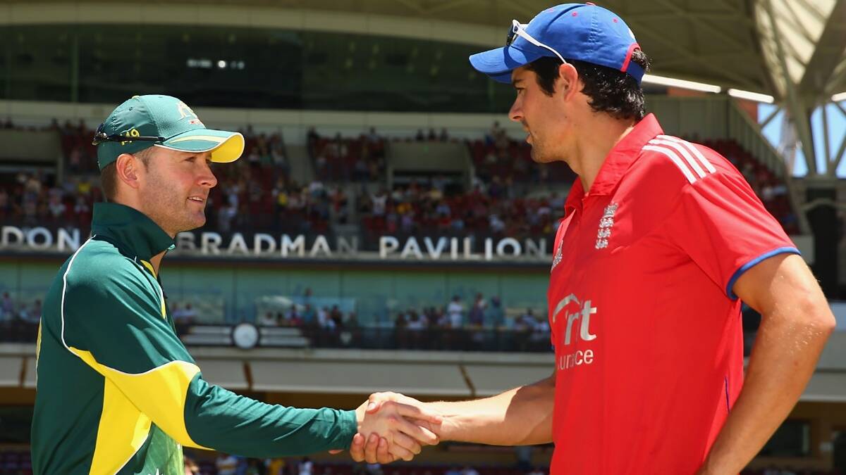 Michael Clarke of Australia and Alastair Cook of England shake hands at the coin toss prior to game five of the One Day International Series between Australia and England. Picture: Getty.
