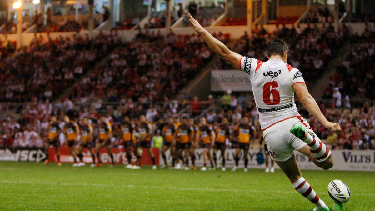 Gareth Widdop of the Dragons makes a conversion during the round four NRL match between the St George Illawarra Dragons and the Brisbane Broncos at WIN Stadium. Picture: Getty