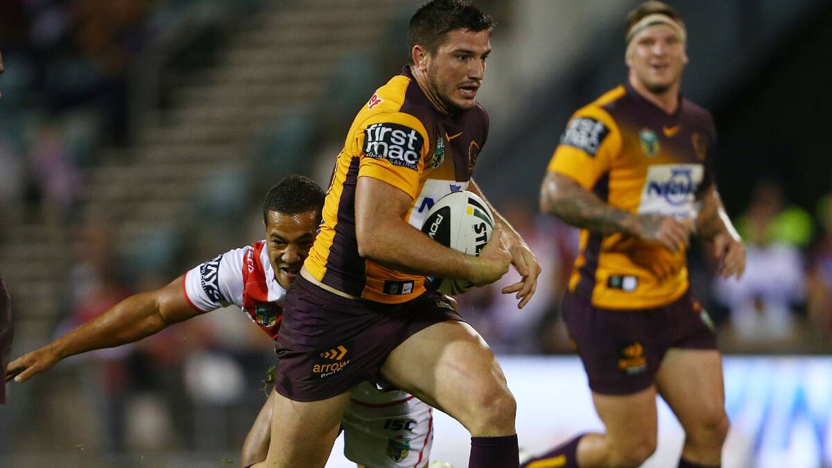 Matt Gillett makes a break for the Broncos during the round four NRL match between the St George Illawarra Dragons and the Brisbane Broncos. Picture: Getty