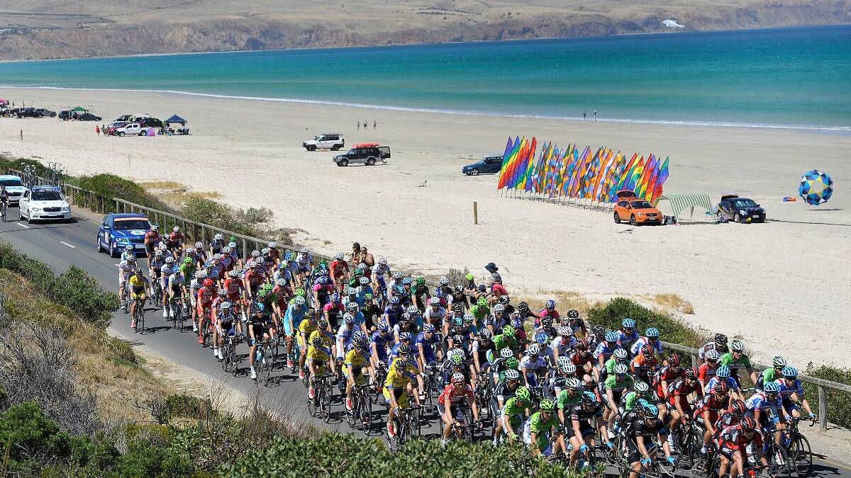 The Peloton wind there way down along the coast during Stage Five of the Tour Down Under. Photo: Getty.