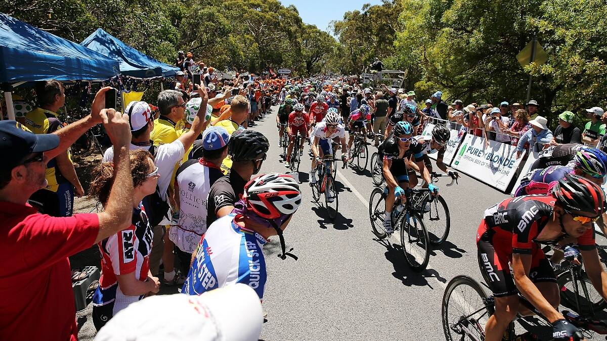 A group of riders gets close to the summit of Old Willunga Hill during Stage Five of the Tour Down Under on January 25, 2014 in South Australia. Photo: Getty.