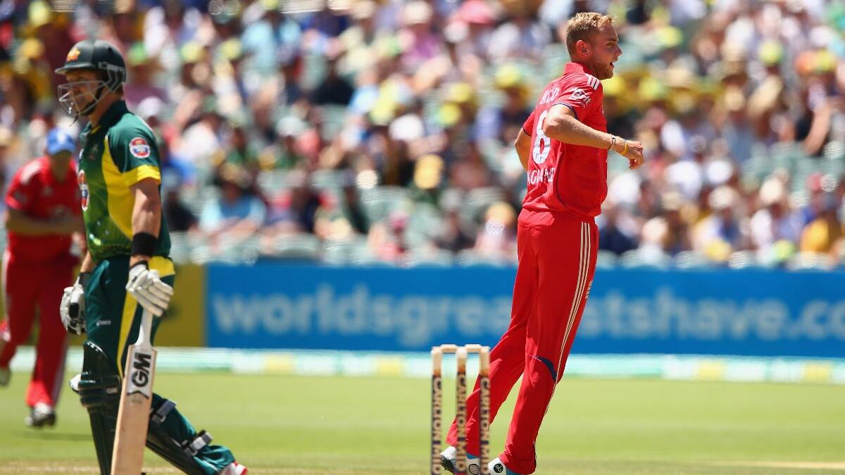 Stuart Broad of England celebrates taking the wicket of Shane Watson of Australia during game five of the One Day International Series between Australia and England. Picture: Getty.