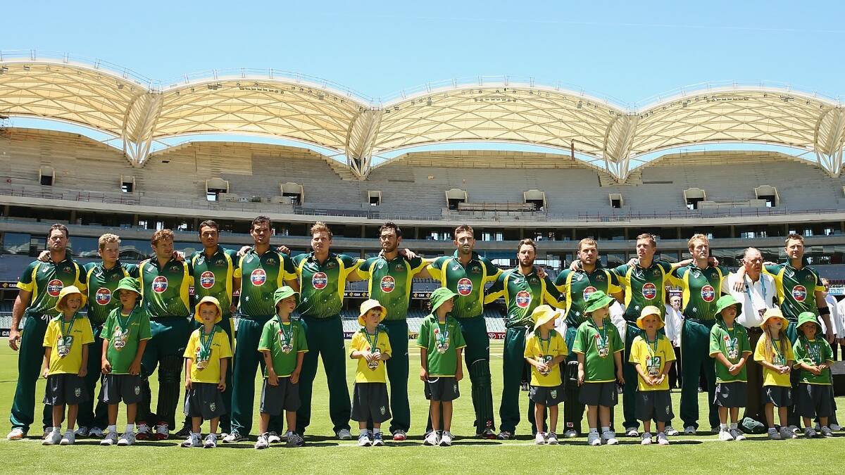 The Australian team line up prior to game five of the One Day International Series between Australia and England at Adelaide Oval. Picture: Getty.