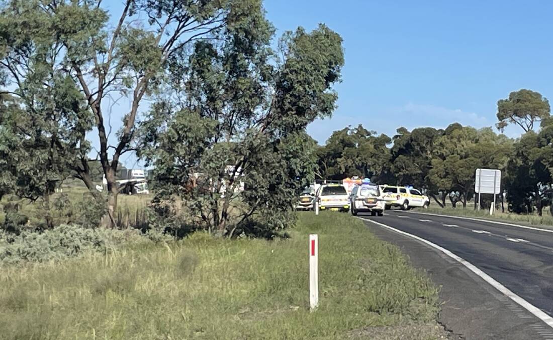 The scene of the fatal crash involving a truck and car on the Sturt Highway east of Hay. Picture by Daisy Huntly