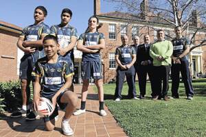 A NEW AGE: Griffith High’s (from left) Ali Ngahe, Willie Pulotu, Billy Hale and Tre Finau launch the scheme with (back, from left)  head teacher Shayne Vonbun, Griffith Leagues Club general manager Dean McCarthy, Steven Parr, Richard Wiseman and Matt Moon. 	Picture: Anthony Stipo