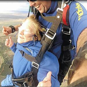 DAREDEVIL GRAN: Griffith great grandmother Doreen Taylor got the thrill of her life when she went skydiving last Saturday with Skydive Oz instructor Paul Smith.  Picture: Skydive Oz