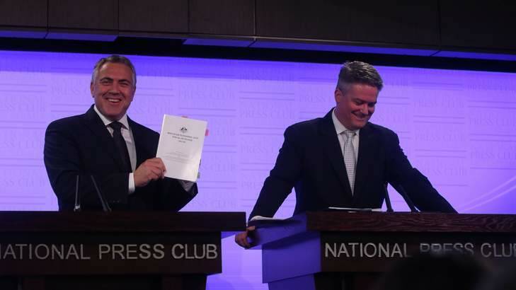 Treasurer Joe Hockey and Senator Mathias Cormann Finance at the press club discussing the Mid-Year Economic and Fiscal Outlook. Photo: Andrew Meares