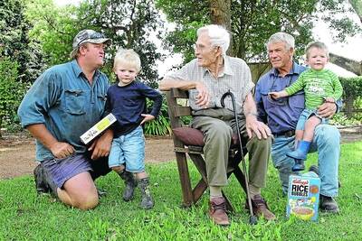 FOUR GENERATIONS: The Morshead men  (from left) Chris, Harry, 4, Bill, Harry and James, 2  gather to receive an award for supplying 50 years of rice to Rice Bubbles producer Kelloggs.