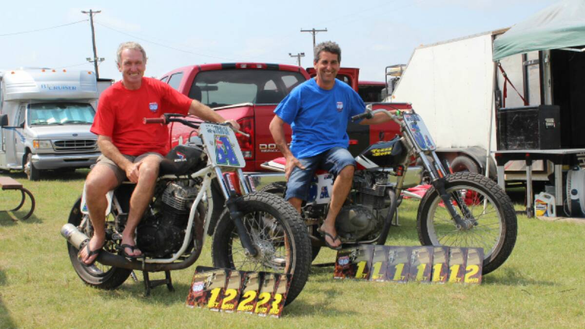 FLYING THE AUSSIE FLAG: Peter Lee (left) and David Gras show off their machines during the Kansas I70 Fair Series.
