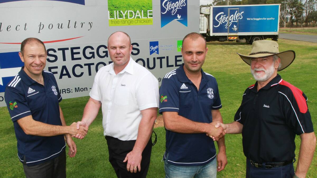 CHICKEN COUP: Hanwood FC has signed a lucrative sponsorship deal with local poultry producer Steggles. Pictured (from left) are HFC's Brian Bertolin, Steggles' Chris Quinn, HFC's Jason Restagno and Steggles' Dino Carusi.