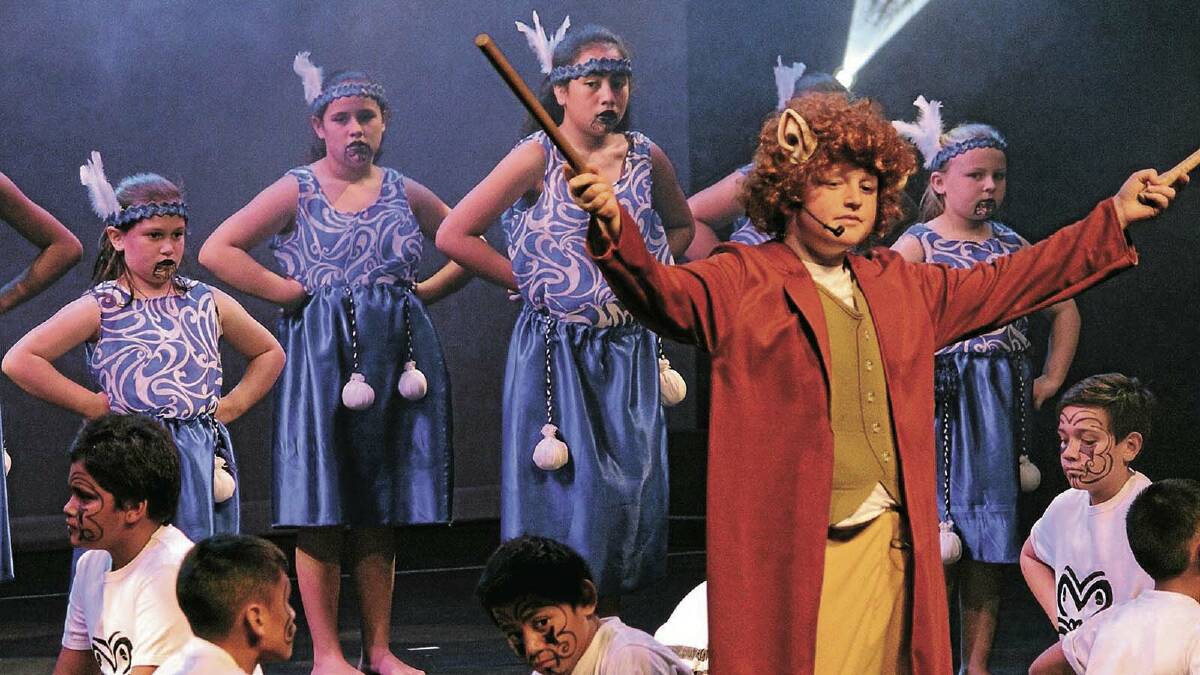 show-stOpper: Griffith Public School student Jock Lander is Bilbo Baggins as he discovers the land of the long white cloud, with (back) Maraea Connellan, Hollie Penrith, Tua Mare and Kyla Rand.
