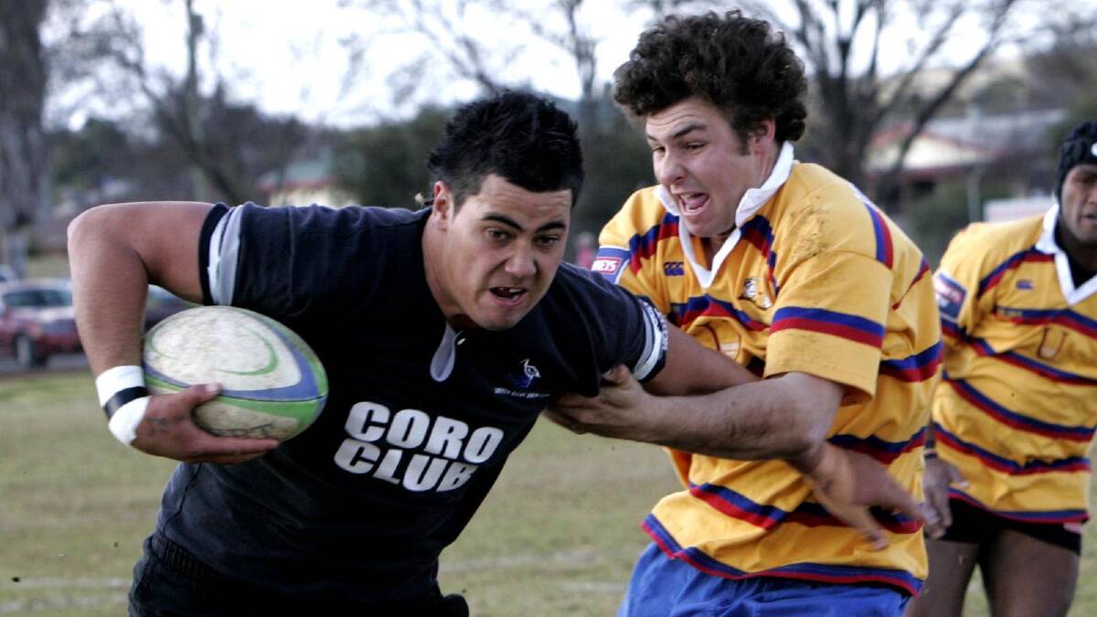 Andrew Fifita ... fends off a Hay Cutters player in 2008. Picture: Area News