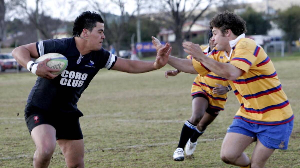 Andrew Fifita ... fends off a Hay Cutters player in 2008. Picture: Area News