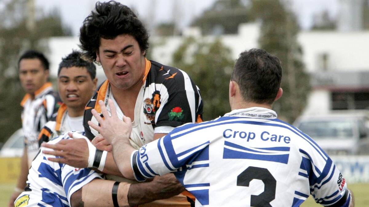 Andrew Fifita ... pushing through Yenda defence in 2008. Picture: Area News