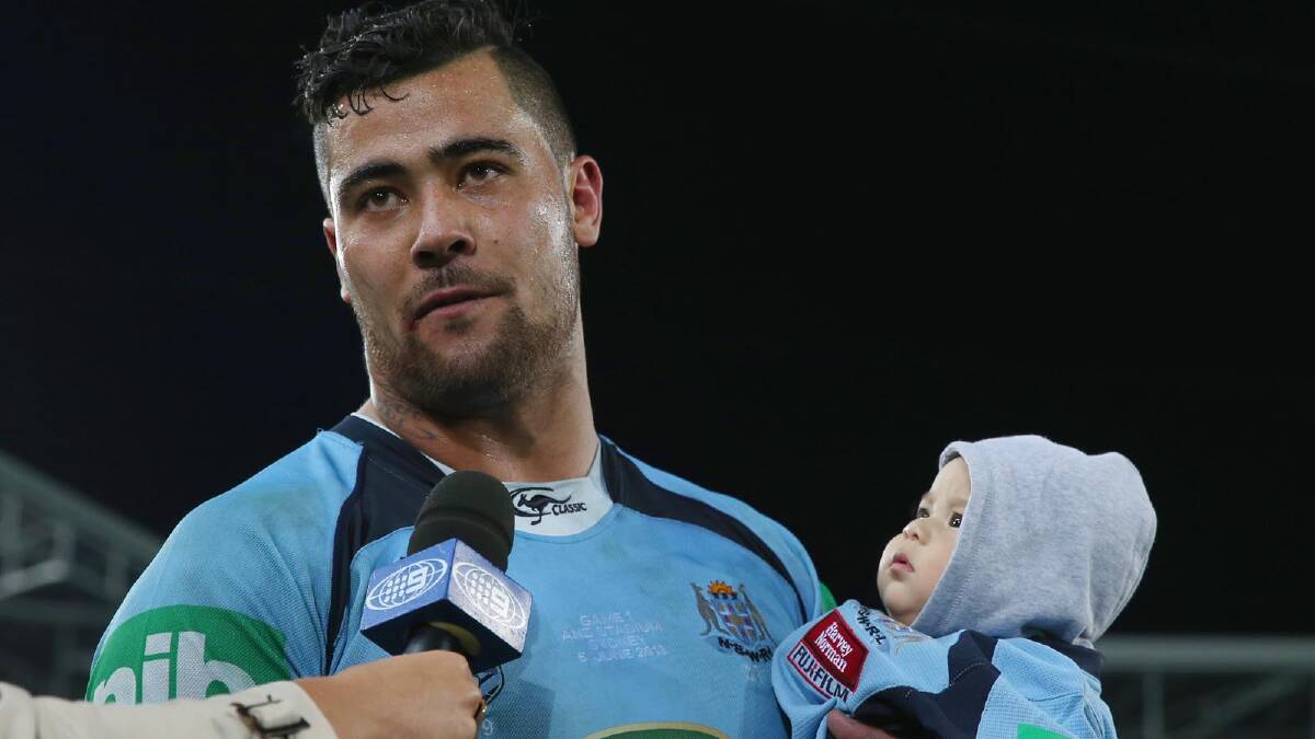 Andrew Fifita ... with son Latu Jay after Origin I this year. Picture: Getty Images