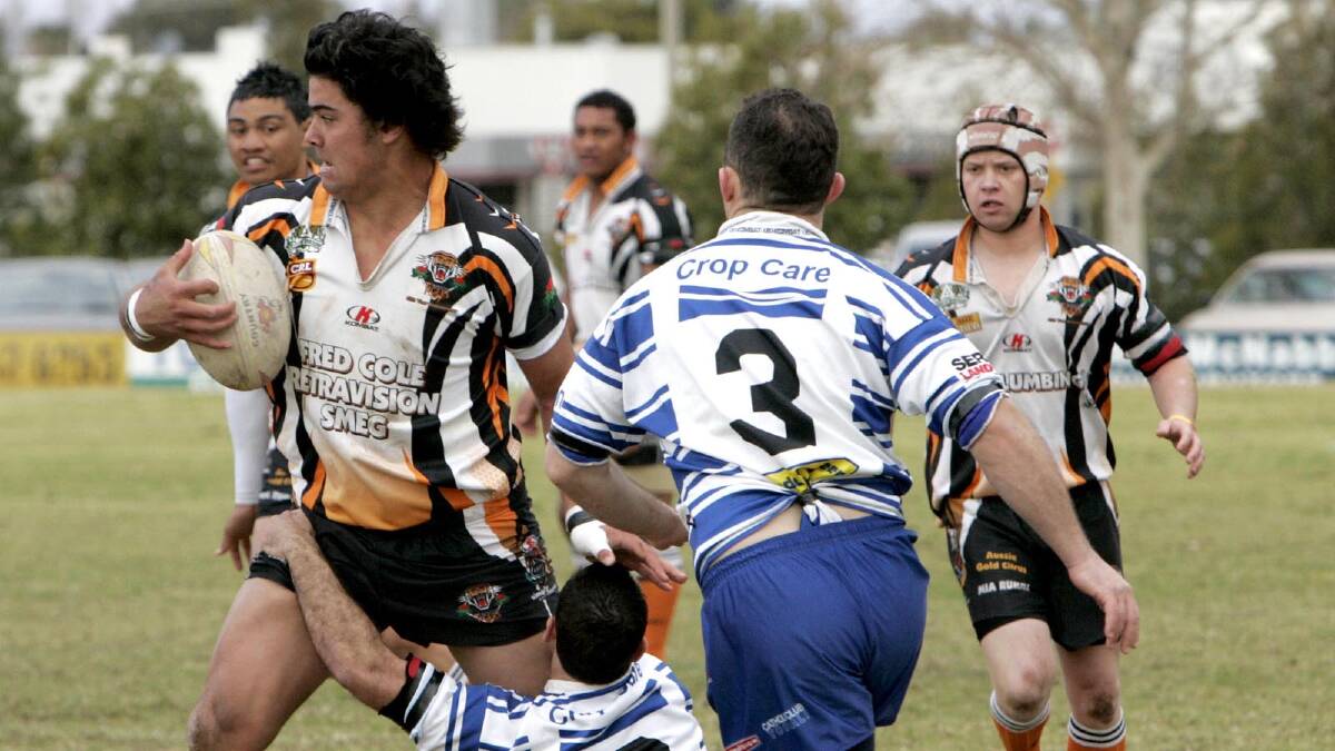 Andrew Fifita ... pushing through Yenda defence in 2008. Picture: Area News