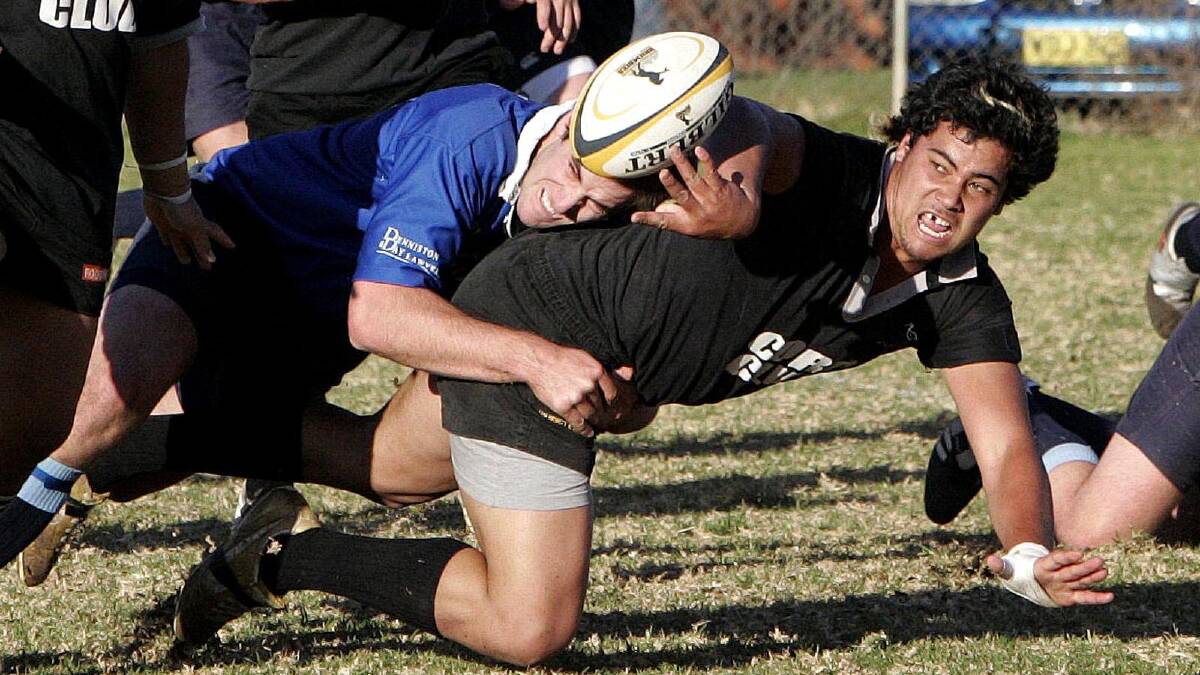 Andrew Fifita ... flicks the ball out to his Griffith Blacks team-mates against Wagga Waratahs in 2008. Picture: Area News
