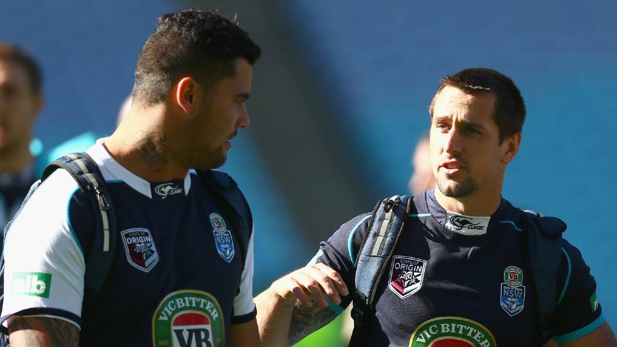 Andrew Fifita ... talking to Mitchell Pearse in the Blues training camp. Picture: Getty Images