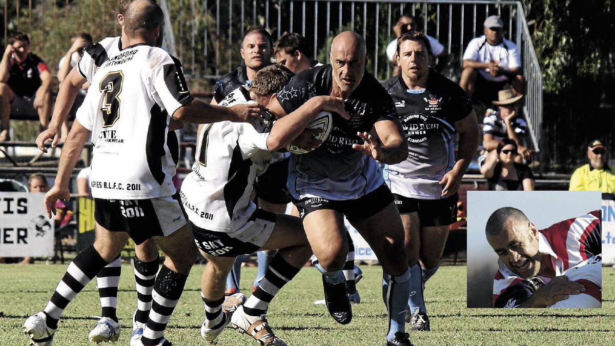 Former NRL star Quentin Pongia, pictured playing in the 2011 Pie in the Sky game, will make his debut for Hay against Yenda this weekend at the age of 43 and (inset) Pongia in his Sydney Roosters days.