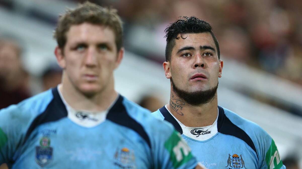 Andrew Fifita ... behind Ryan Hoffman during the second State of Origin, held at Suncorp Stadium. Picture: Getty Images