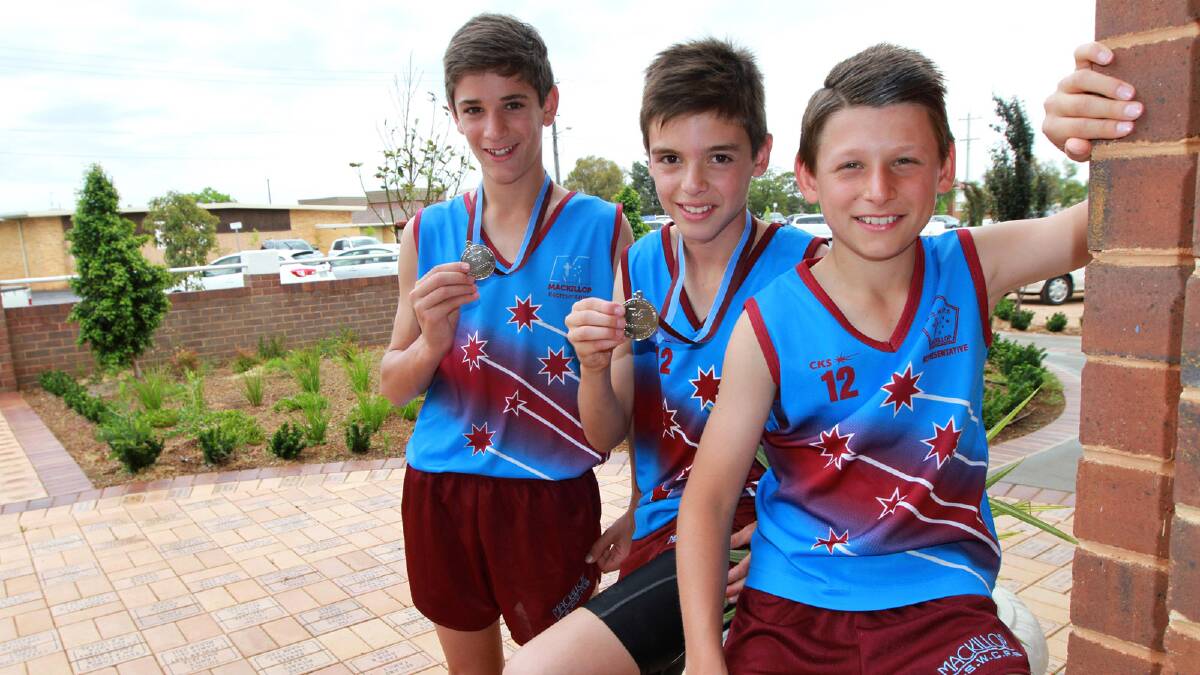 SPEED DEMONS: The St Pat’s senior boys relay team, which came seventh at last week’s state carnival in Homebush. (Back:) Samuel Scarfone, 12, Jacob Rizzeri, 12, and (front) Jackson Austin, 12. Absent: Nathan Febo.