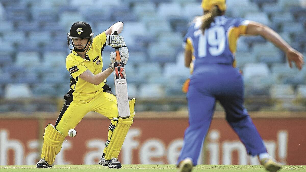 BACK AT IT: Kate Blackwell sees off this ball in her debut match for the WA Fury at the WACA Ground on Saturday – her first since retiring from cricket three years ago.