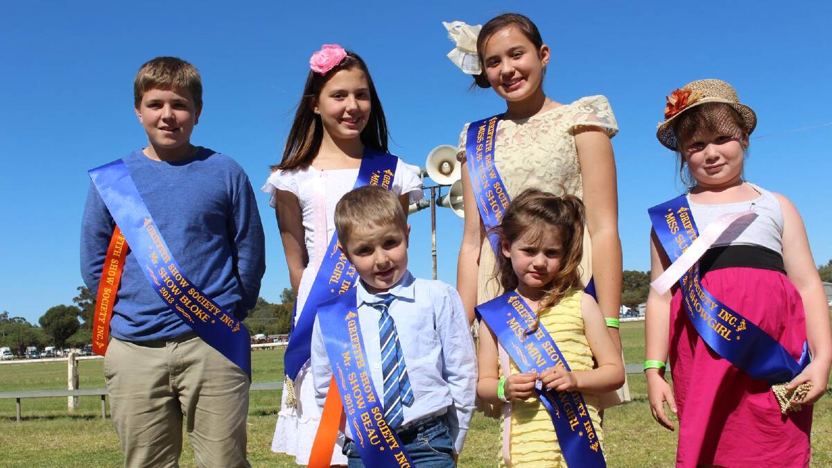 (Back) Mr Show Bloke Nathan Campbell, 15, Miss junior show girl Heidi Rphia, 11, Miss sub-teen showgirl Lily Rophia, 13, (front) Show beau Charlie Adamson, 5, Miss mini-showgirl Chelsea Brown, 4 and Miss sub-junior showgirl Chloe Parks, 8. 